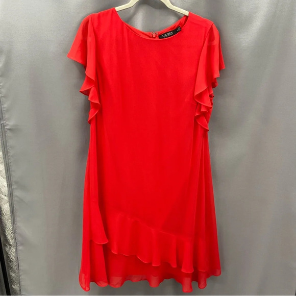 Ralph Lauren Black Label Red Georgette Chiffon Boatneck Dress  Flutter Sleeve - Picture 2 of 9